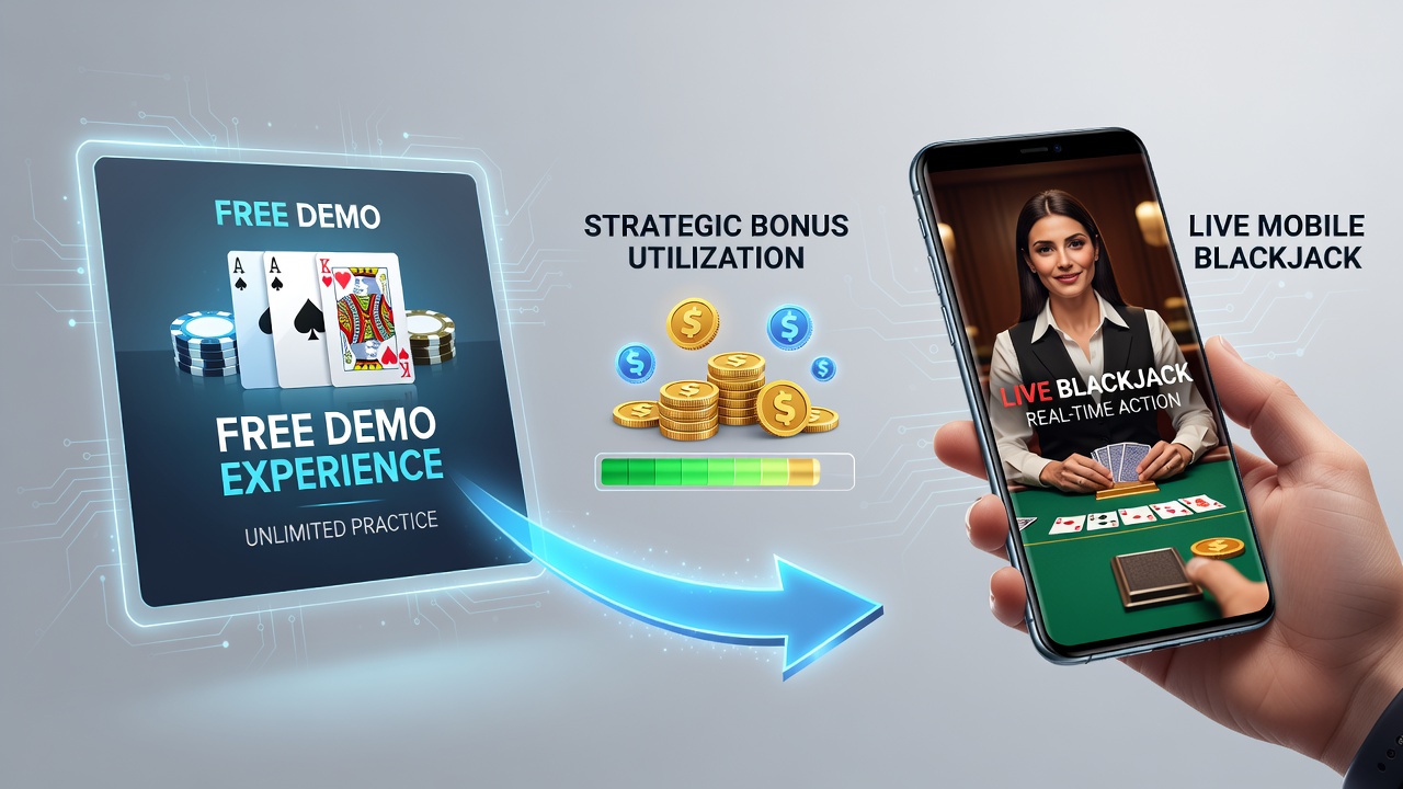 Darstellung eines Spielers, der von einem Demo-Bildschirm zu einer Live-Mobile-Blackjack-Sitzung wechselt