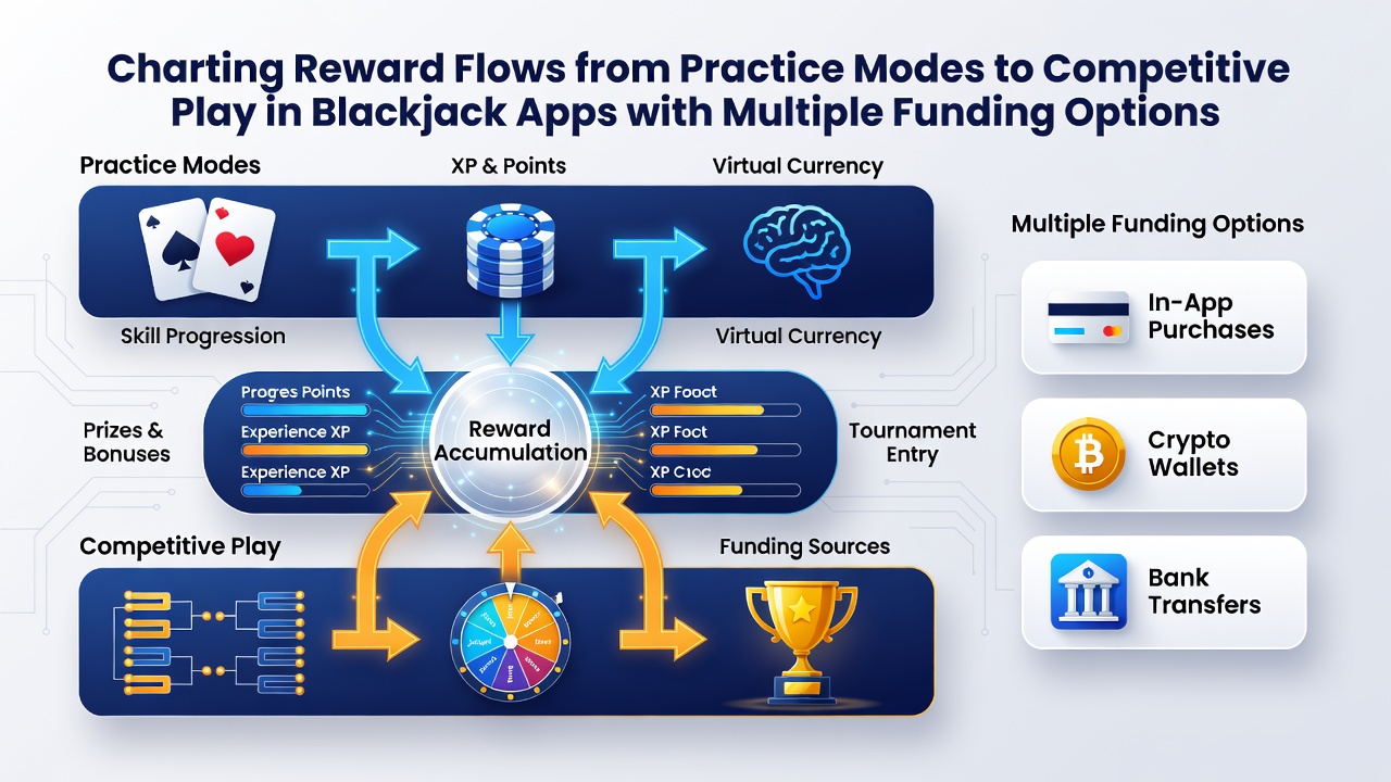 Übersicht über Belohnungsflüsse von Demomodi zu Turnierspielen in Blackjack-Apps