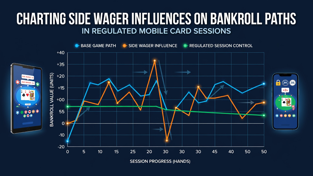 Diagramm zeigt Einflüsse von Nebenwetten auf Bankroll-Pfade in mobilen Blackjack-Sessions