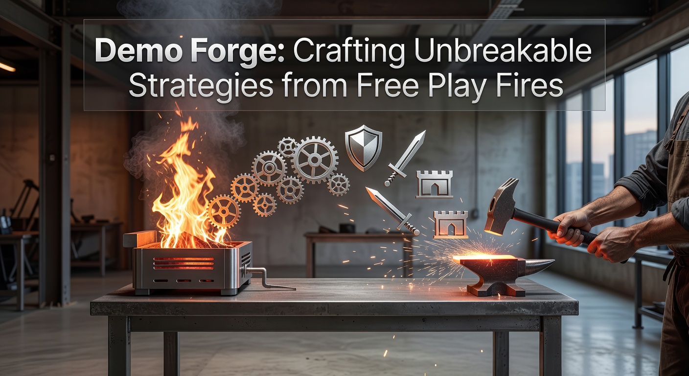 Ein virtuelles Schmiede-Feuer im Demo-Modus, wo Blackjack-Strategien im Free Play gehärtet werden, symbolisiert durch glühende Karten und Strategie-Notizen