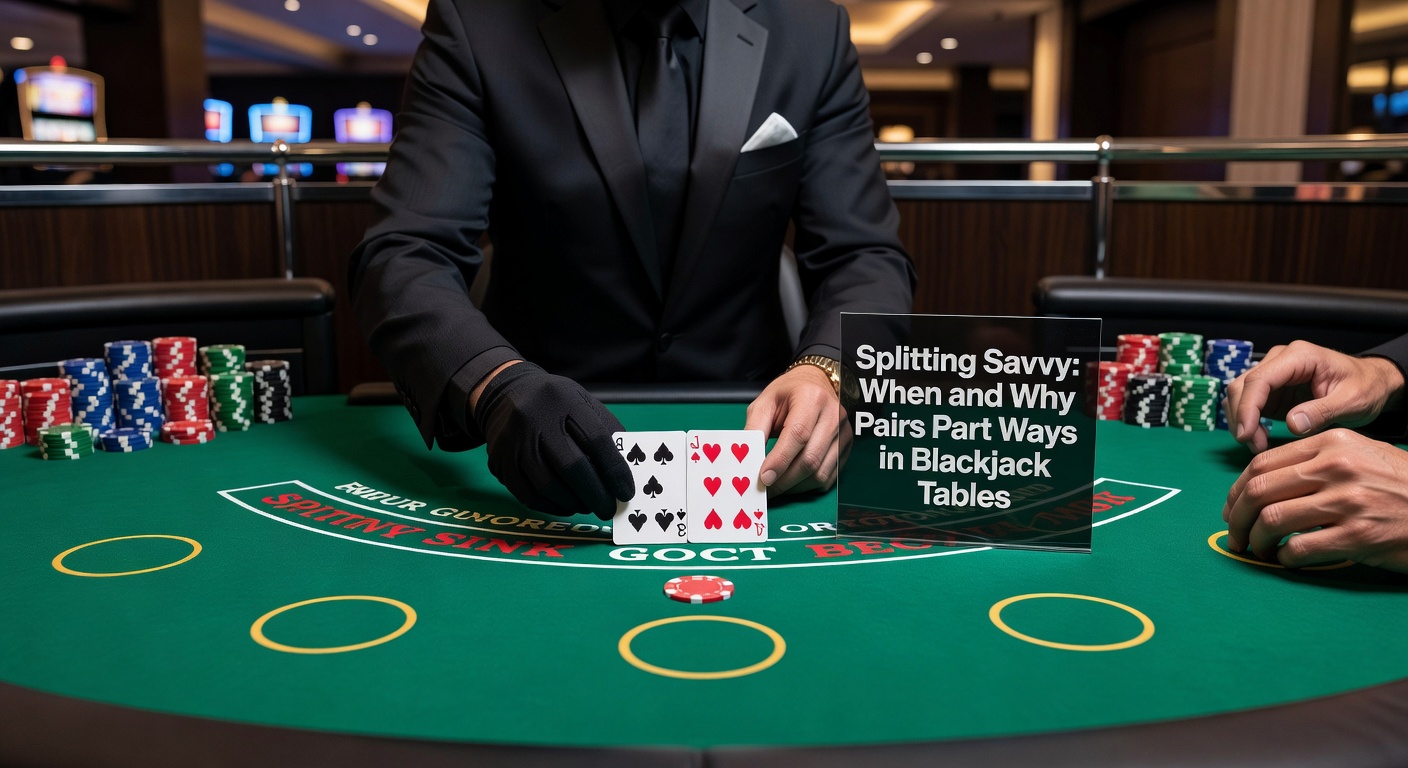 Spieler am Blackjack-Tisch teilt ein Paar Asse, während der Dealer eine schwache Karte zeigt; Szene aus einem belebten Casino